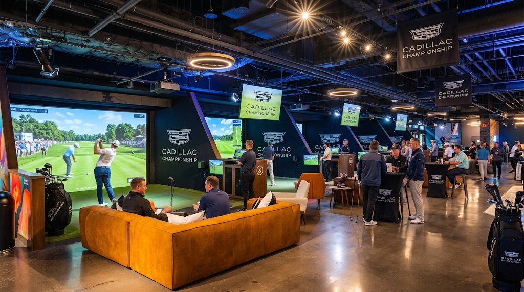Cadillac Championship concept showing branded simulator bays, lounge seating and guests at a Five Iron-style venue