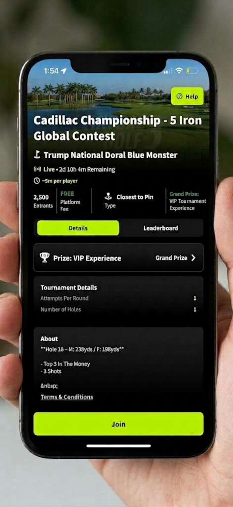 Illustrative Cadillac Championship Five Iron global-contest screen on a phone, showing contest details and entry