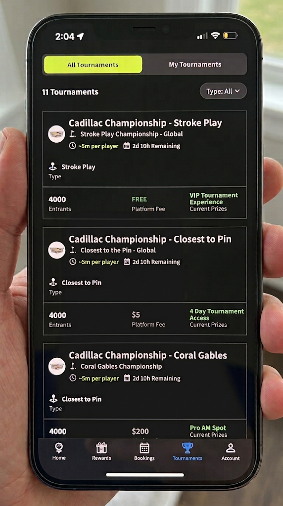 Illustrative Cadillac contest list showing stroke play, global closest-to-pin and a Coral Gables contest