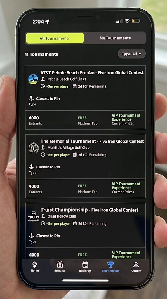 Illustrative Five Iron virtual-tournament list on a phone, showing Pebble Beach, Memorial and Truist contests